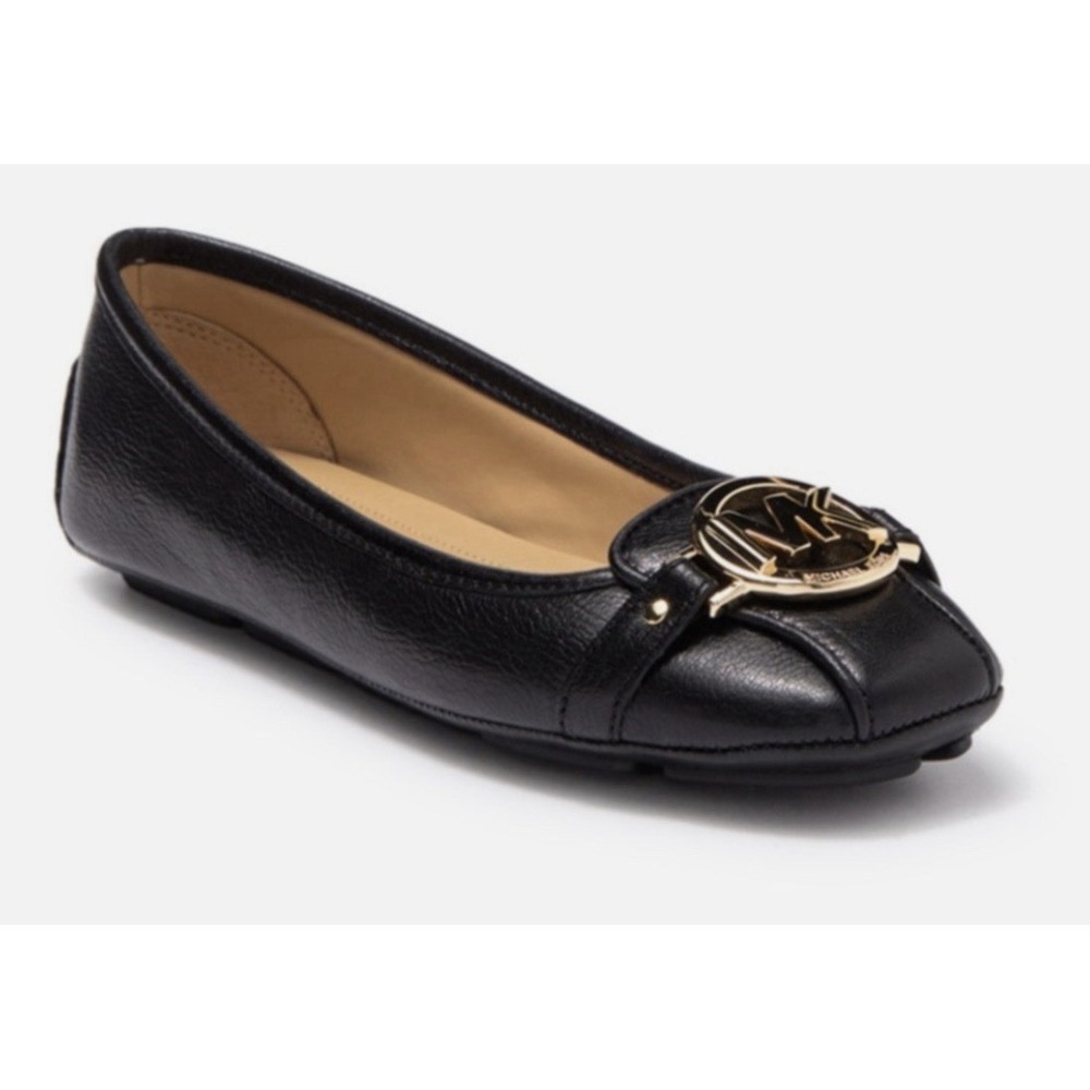 MICHAEL KORS MK Fulton Women's Flat Black Leather Flats‎ Gold Logo 7.5